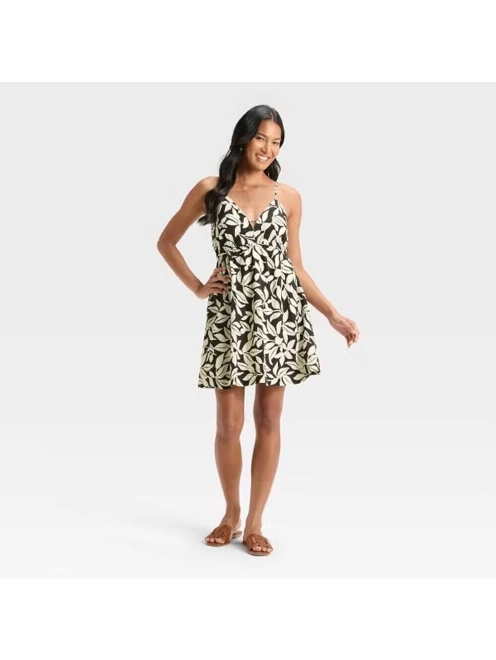 A New Day NWT Women's Mini A-Line Dress Black Cream Leaf Print Size M